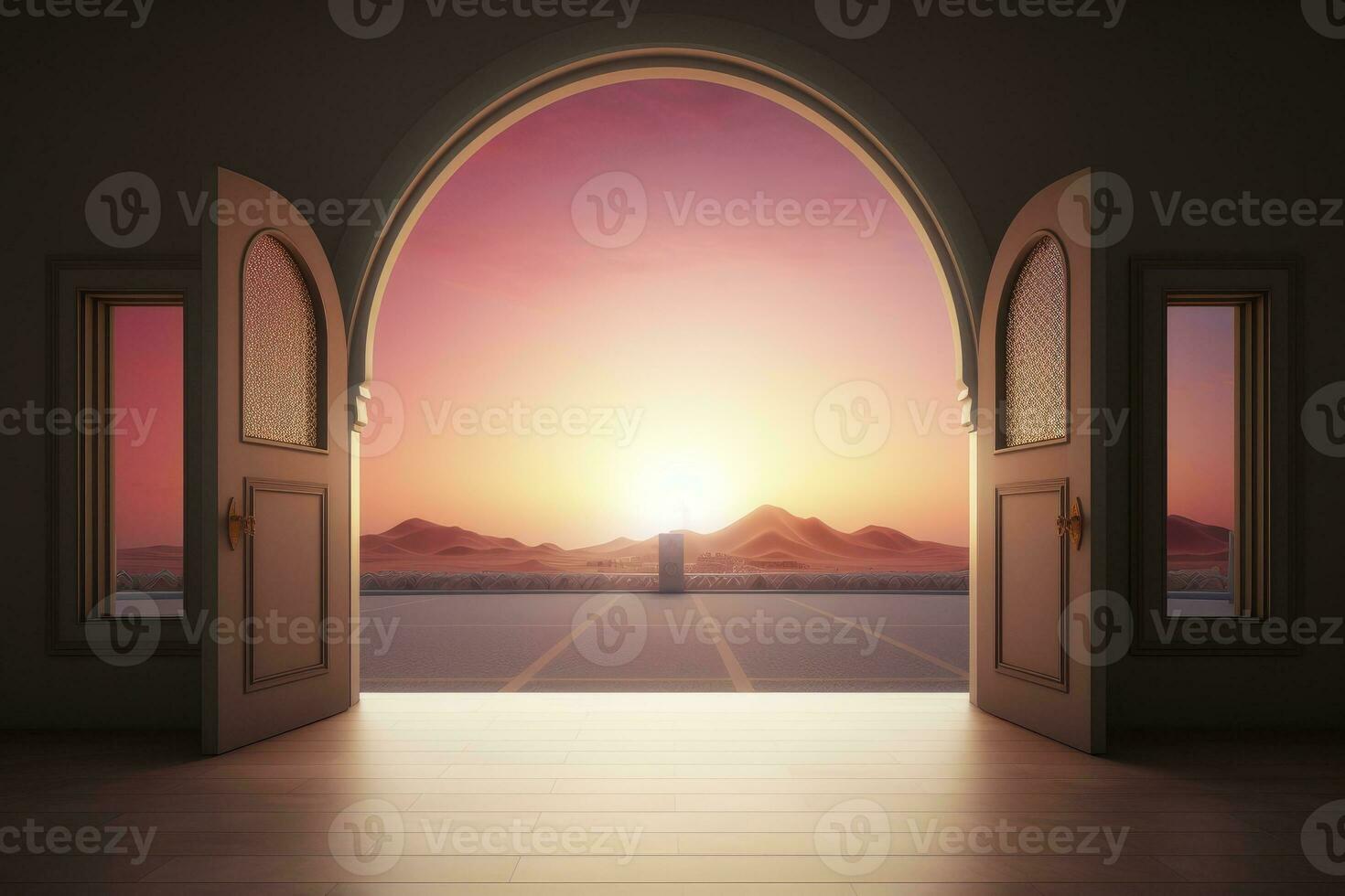 AI generated Arched window looking through sunrise on a stone wall photo