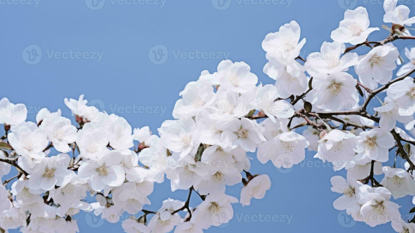 AI generated White roses bloom against blue sky background photo