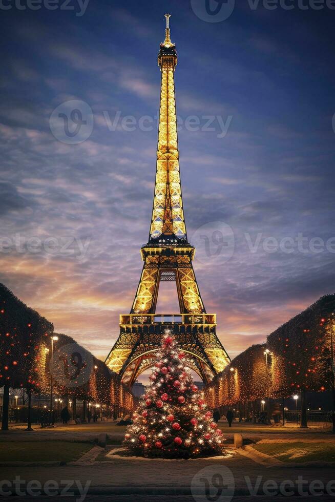 ai generado Navidad árbol decorado con Encendiendo cerca el eiffel torre en París foto