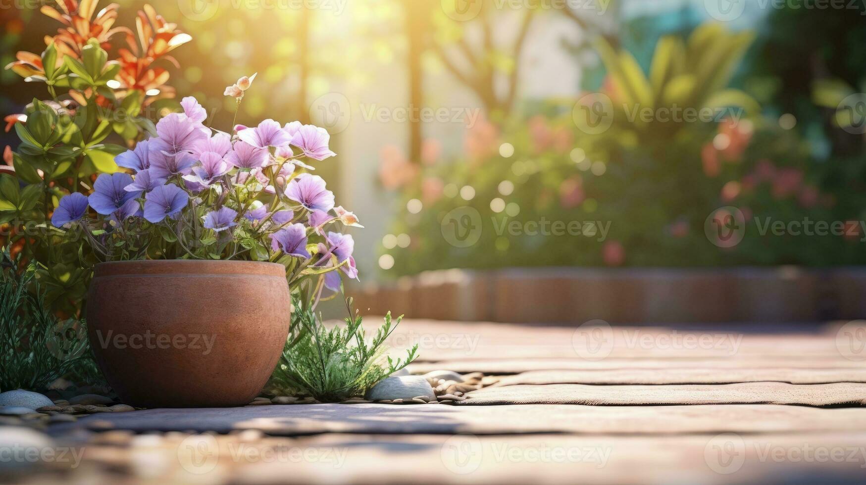 ai generado hermosa flores en ollas fuera de en el jardín foto