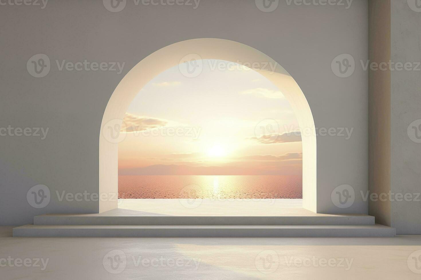 AI generated Arched window looking through sunrise on a stone wall photo