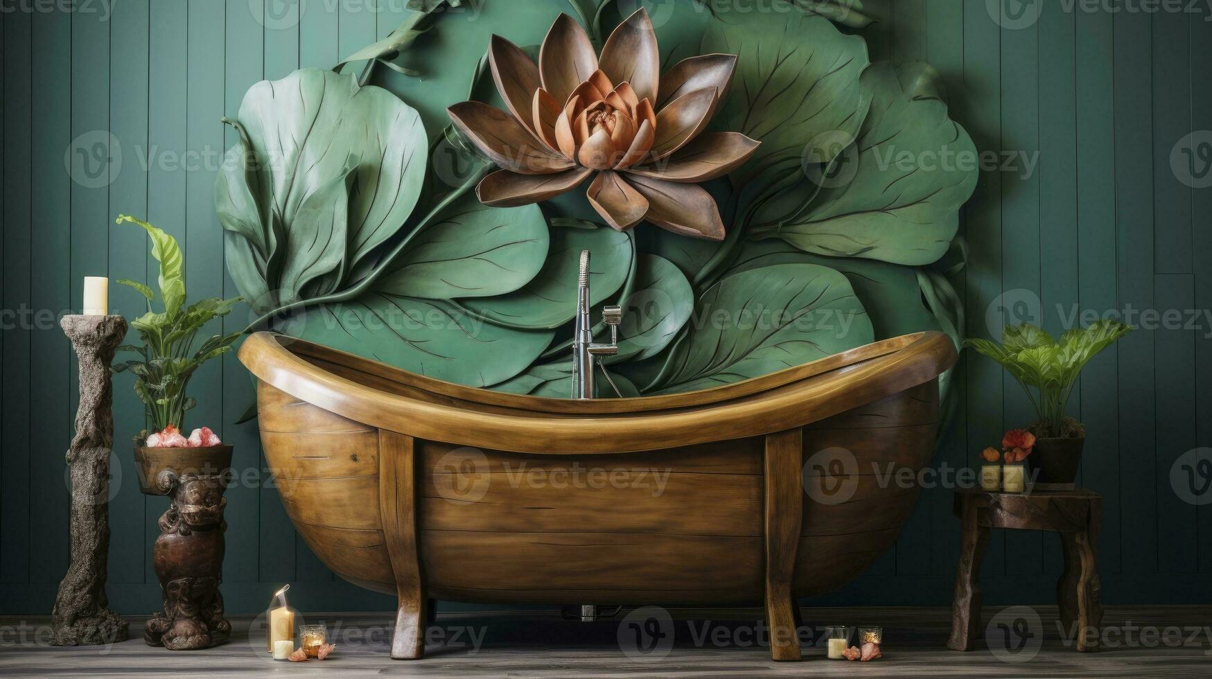 AI generated Wooden bathtub against a green wall with lotus flower decoration photo