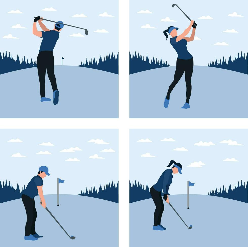 vector illustration - man and woman training golf on the sunny day - flat cartoon style