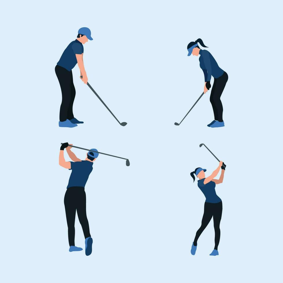 vector illustration - a man and woman swing golf stick - flat cartoon style
