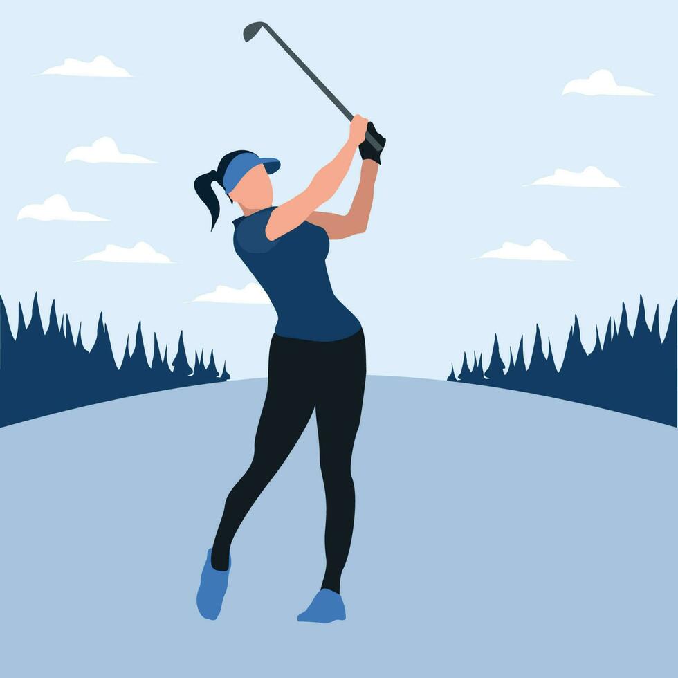 vector illustration - woman training golf on the sunny day - flat cartoon style