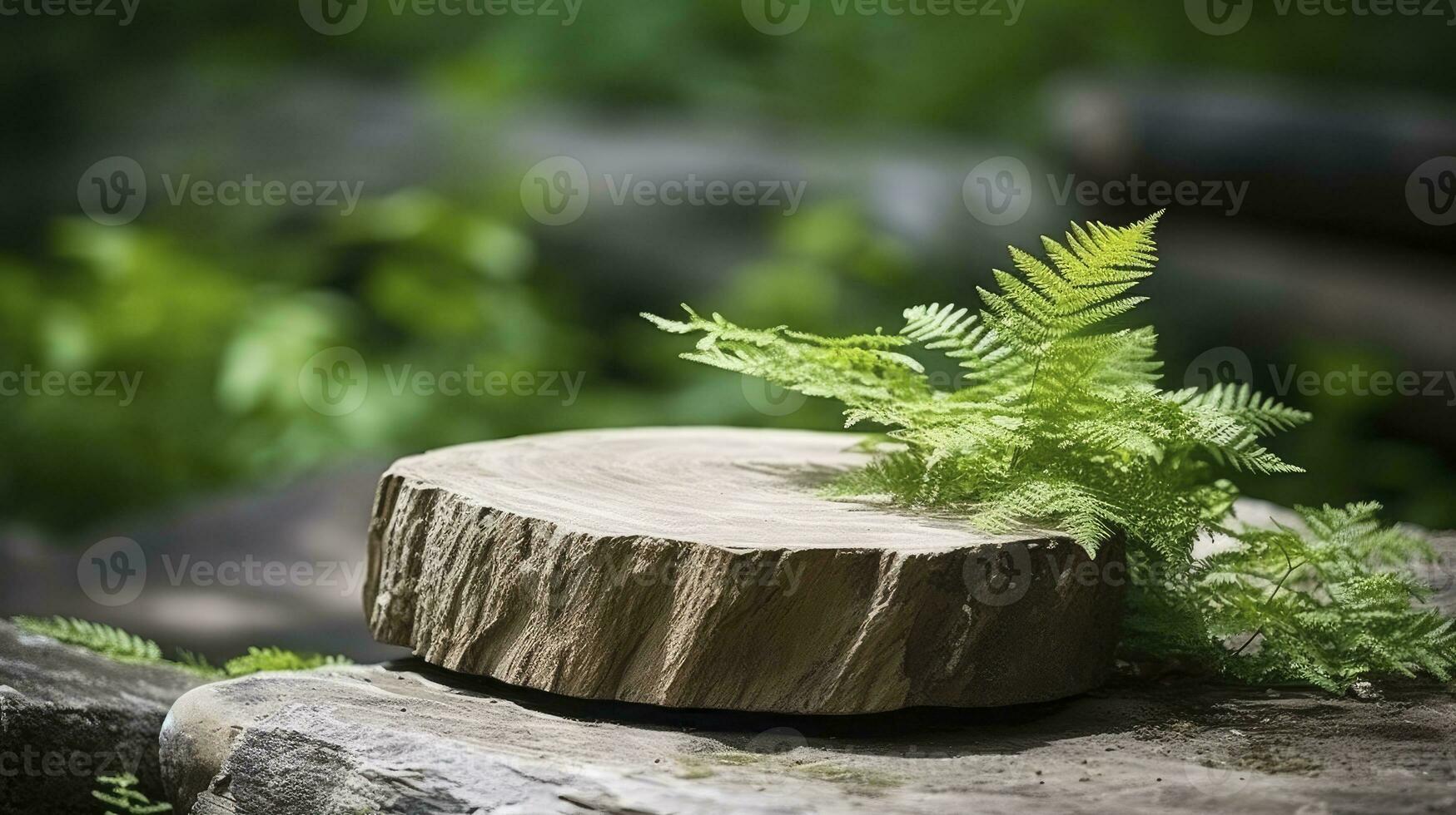 AI generated A wooden round stand in the middle of a forest with a green background photo