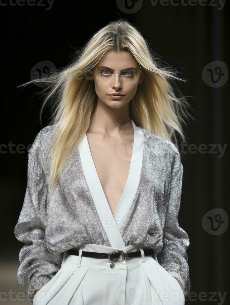 AI generated A model walks down the runway at a fashion show photo