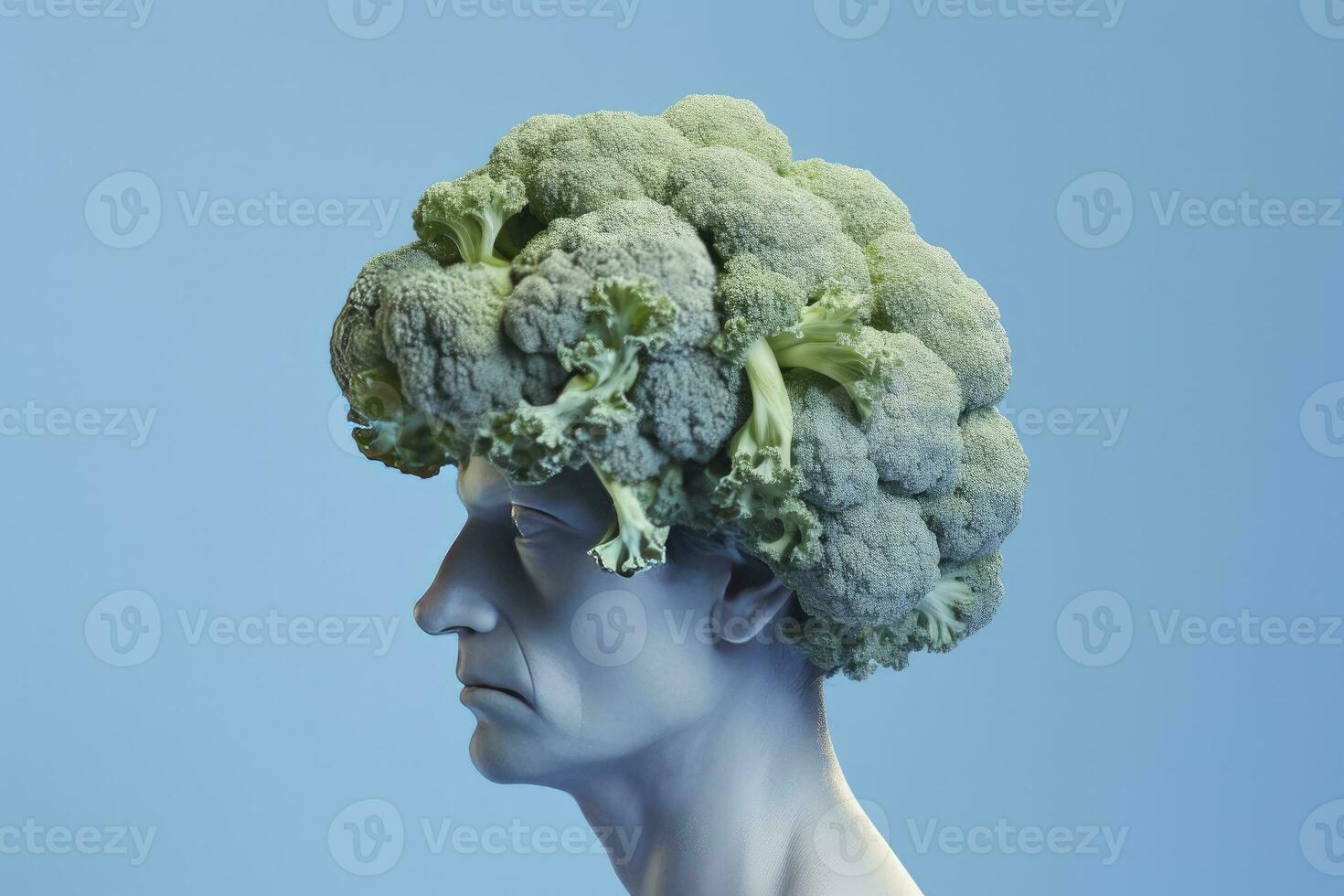 AI generated Human head as broccoli vegetable pastel blue background photo