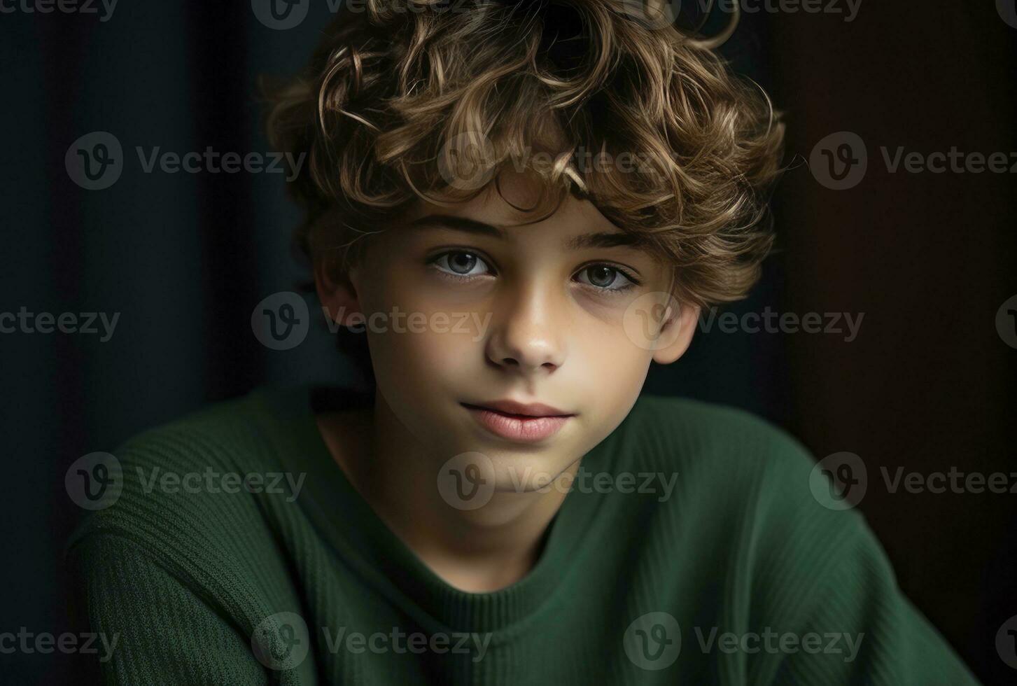 AI generated Portrait of a cute little boy in green sweater on green background photo