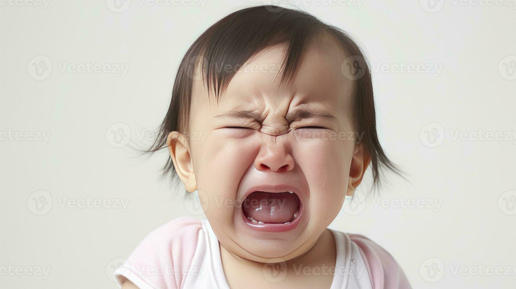 ai generado pequeño niño bebé niña niñito triste llorando en un blanco antecedentes foto