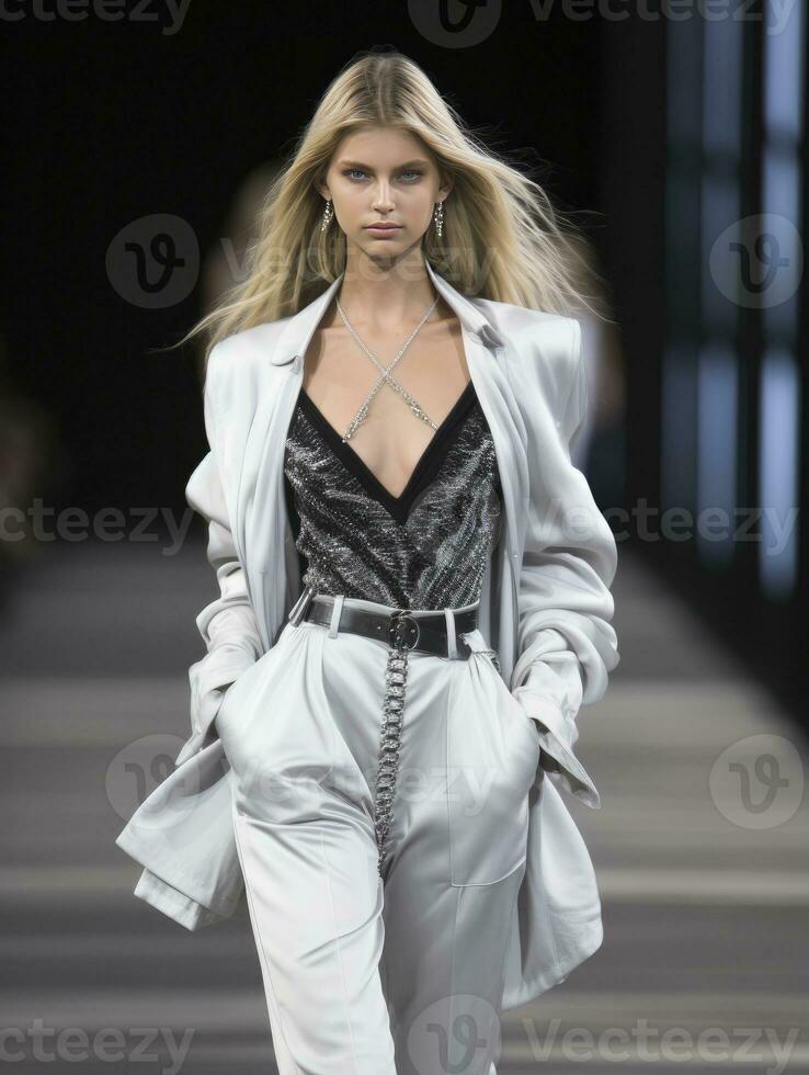 AI generated A model walks down the runway at a fashion show photo