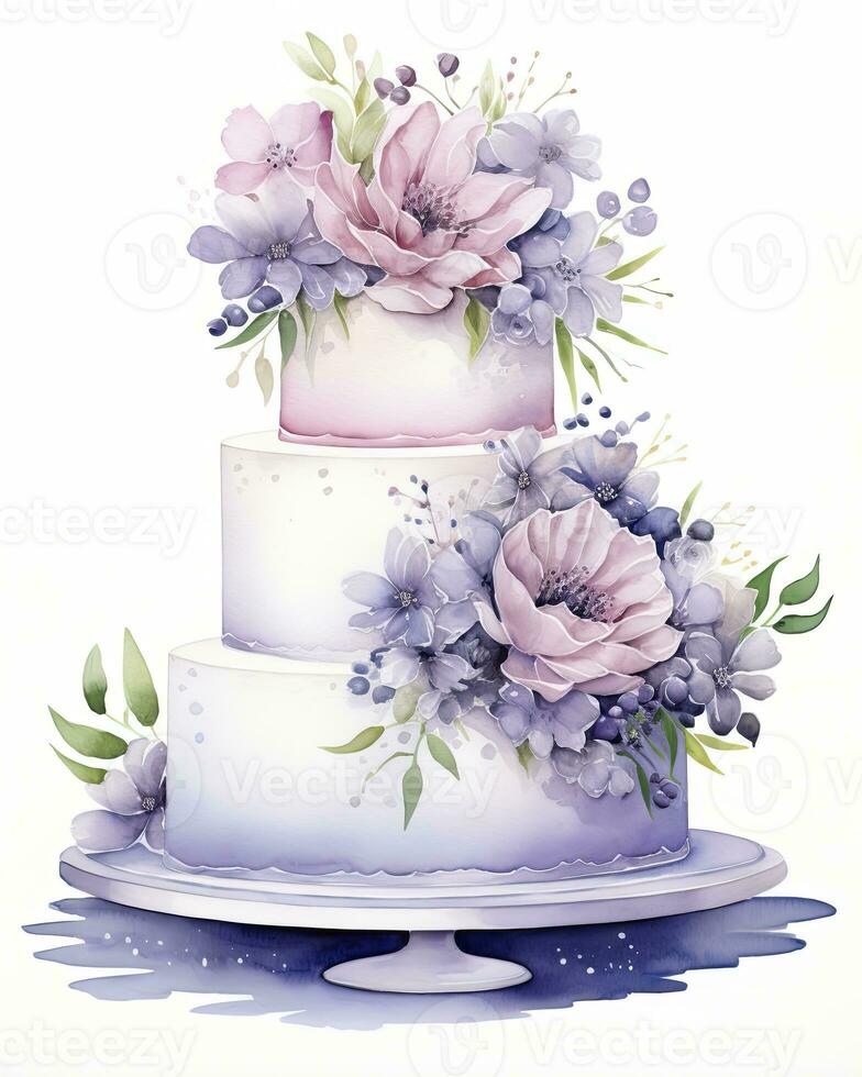 AI generated Watercolor wedding cake isolated on white background.  AI Generated photo