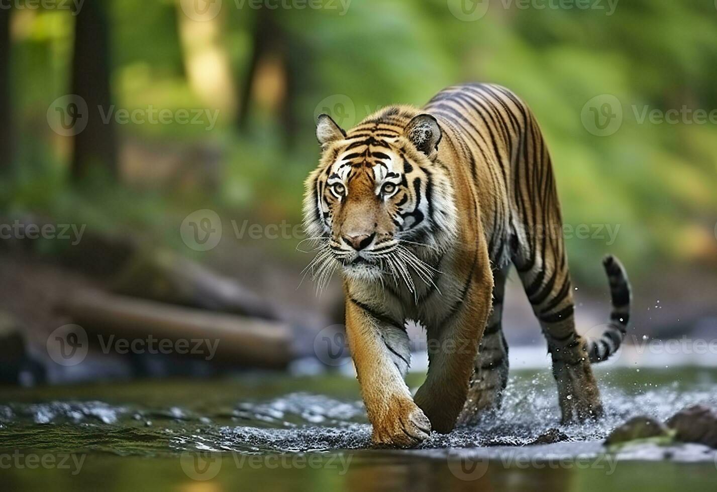 AI generated Amur tiger walking in the water. Dangerous animal.  Animal in a green forest stream. Generative AI photo