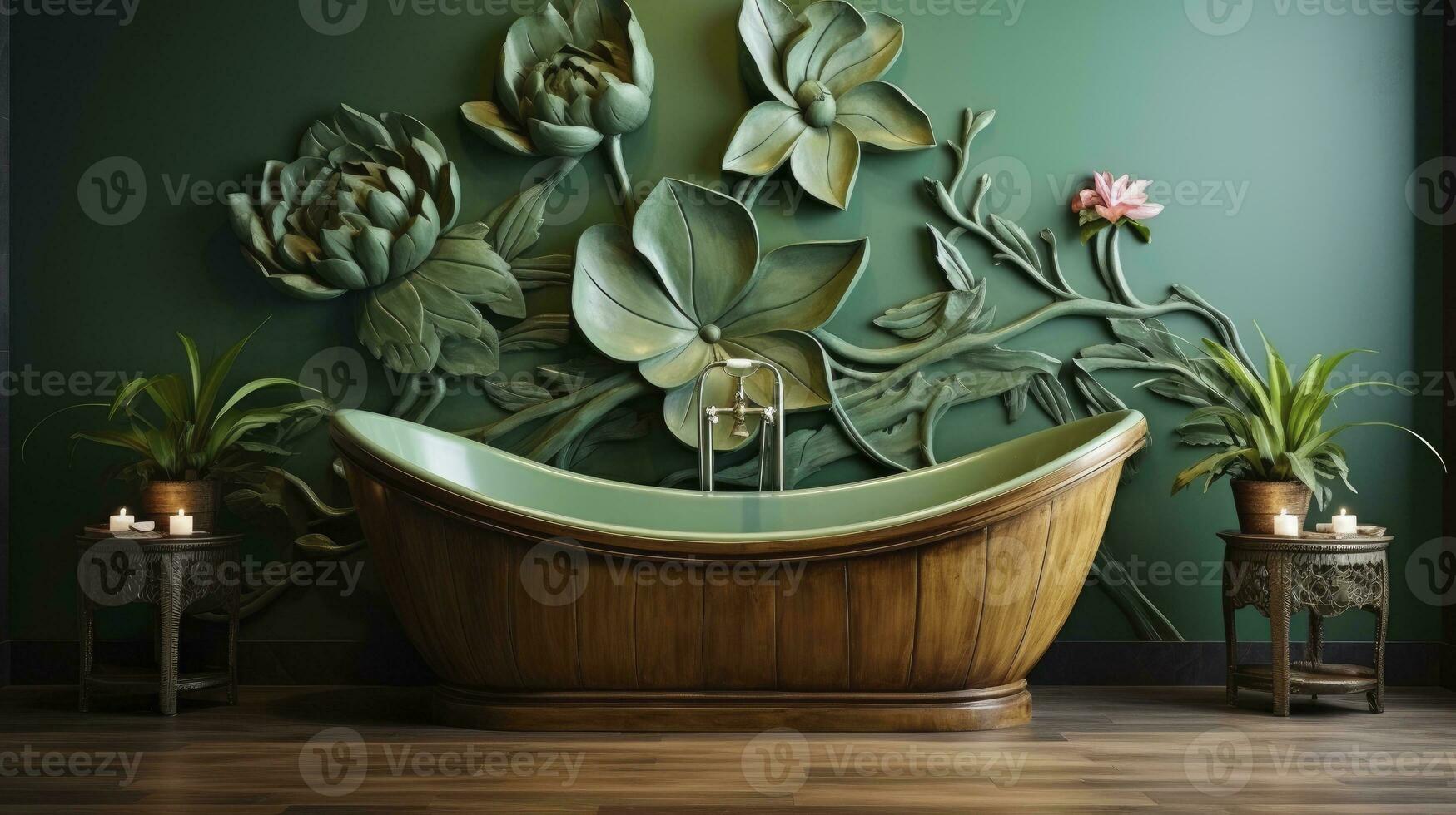 AI generated Wooden bathtub against a green wall with lotus flower decoration photo