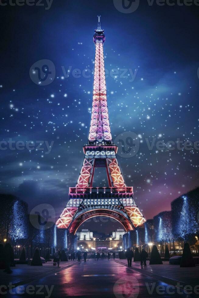 ai generado Navidad árbol decorado con Encendiendo cerca el eiffel torre en París foto