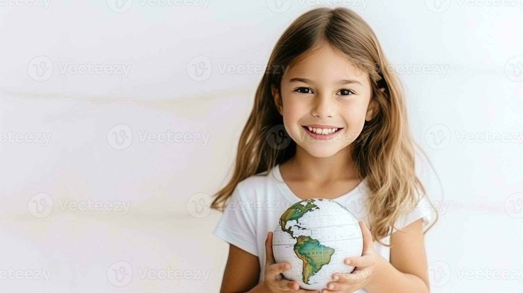 AI generated Portrait of a adorable girl holding small globe planet world photo