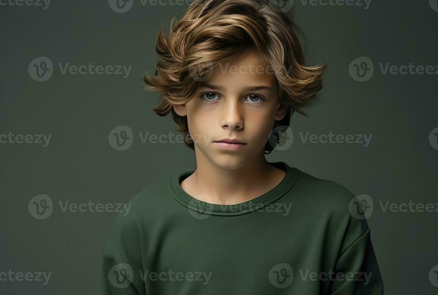 AI generated Portrait of a cute little boy in green sweater on green background photo