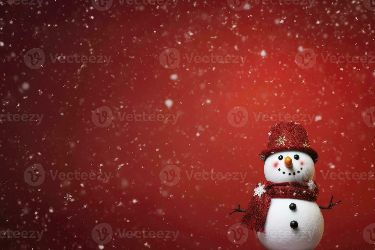 AI generated Snowman with hat and scarf on red background photo