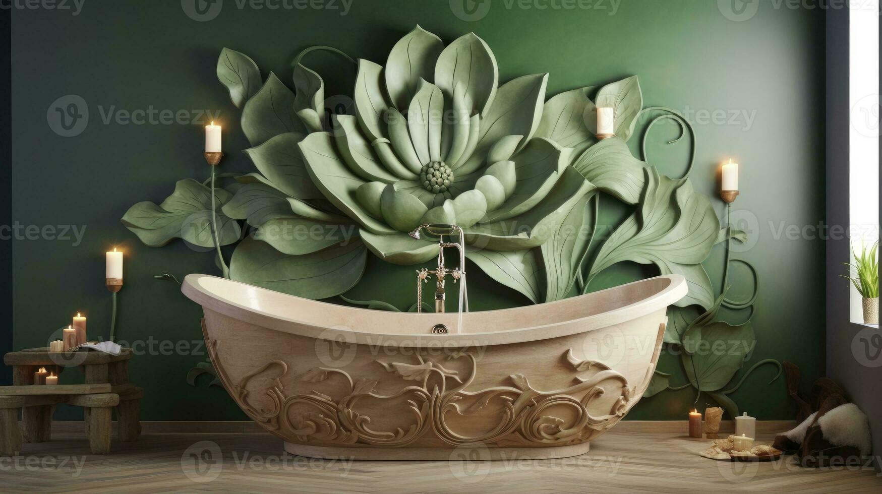 ai generado de madera bañera en contra un verde pared con loto flor decoración foto