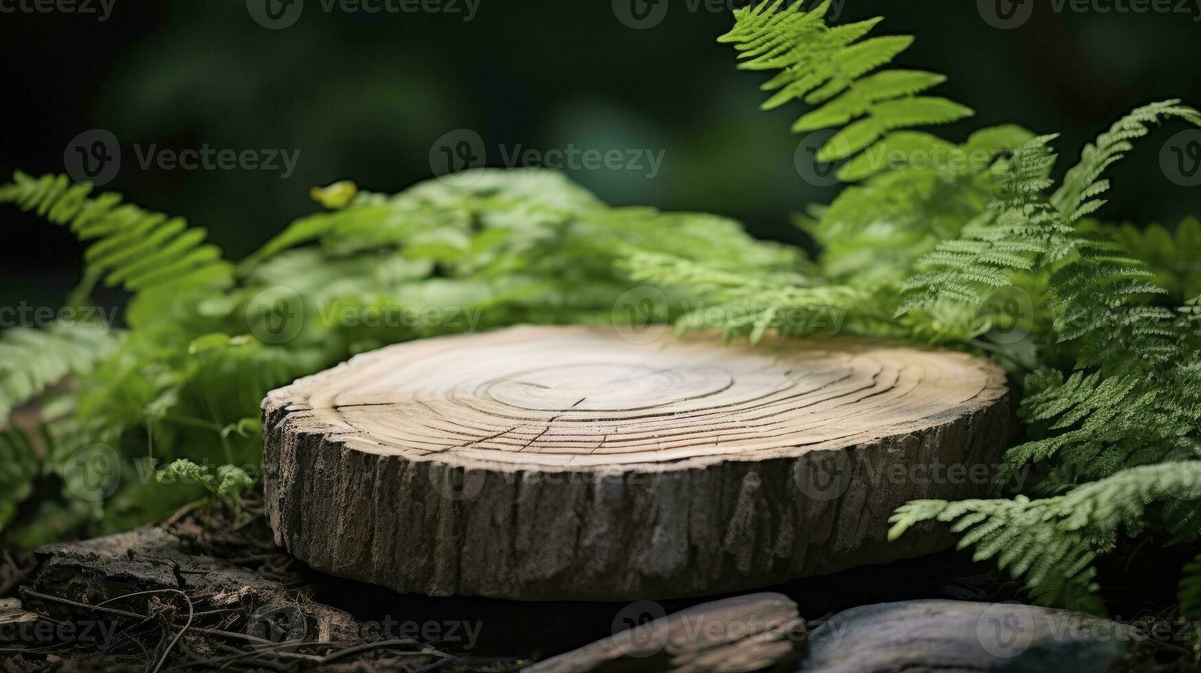 AI generated A wooden round stand in the middle of a forest with a green background photo