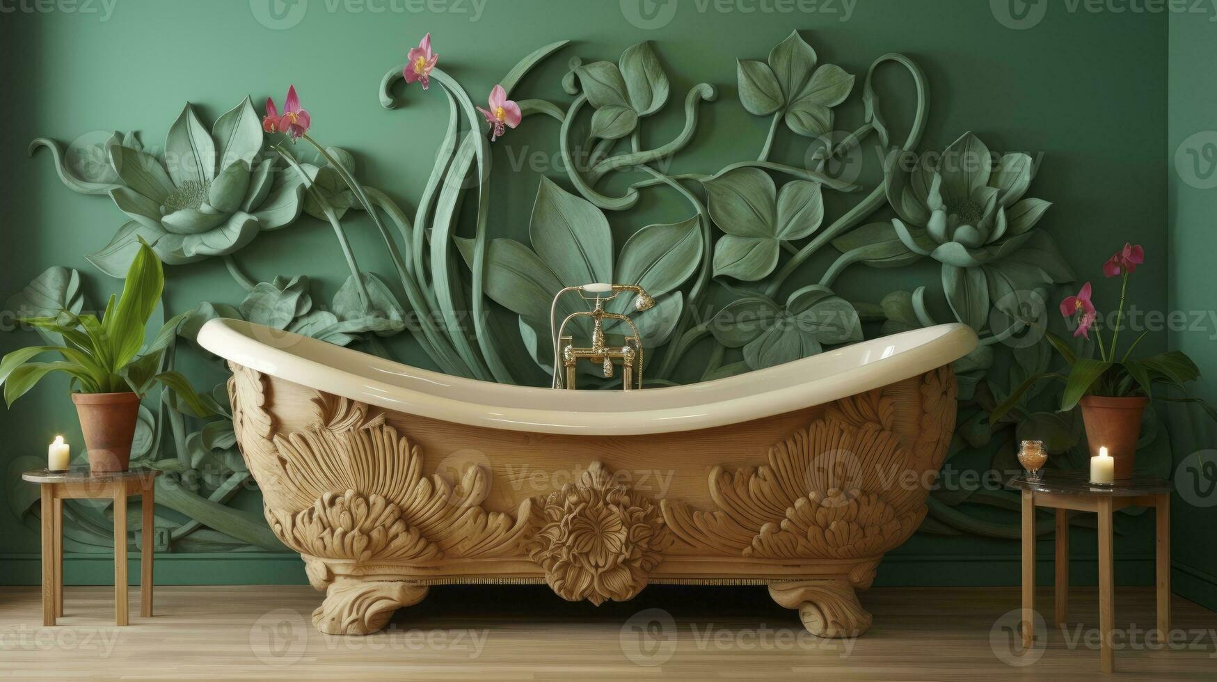 AI generated Wooden bathtub against a green wall with lotus flower decoration photo