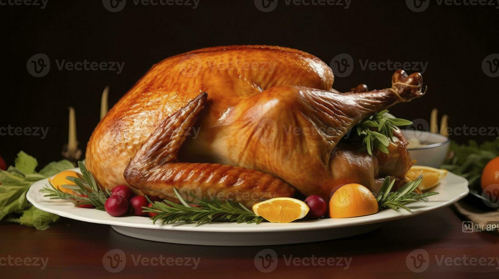 AI generated Thanksgiving roasted turkey with garnish on wooden background photo