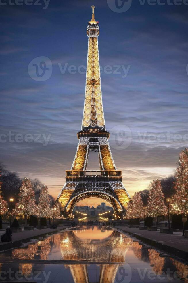 AI generated Christmas tree decorated with lighting near the Eiffel tower in Paris photo