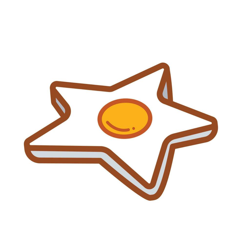 Star shaped cooked sunny side up egg telur mata sapi colored vector icon illustration outlined isolated on plain white background. Simple flat cartoon art styled salty and tasty food drawing.