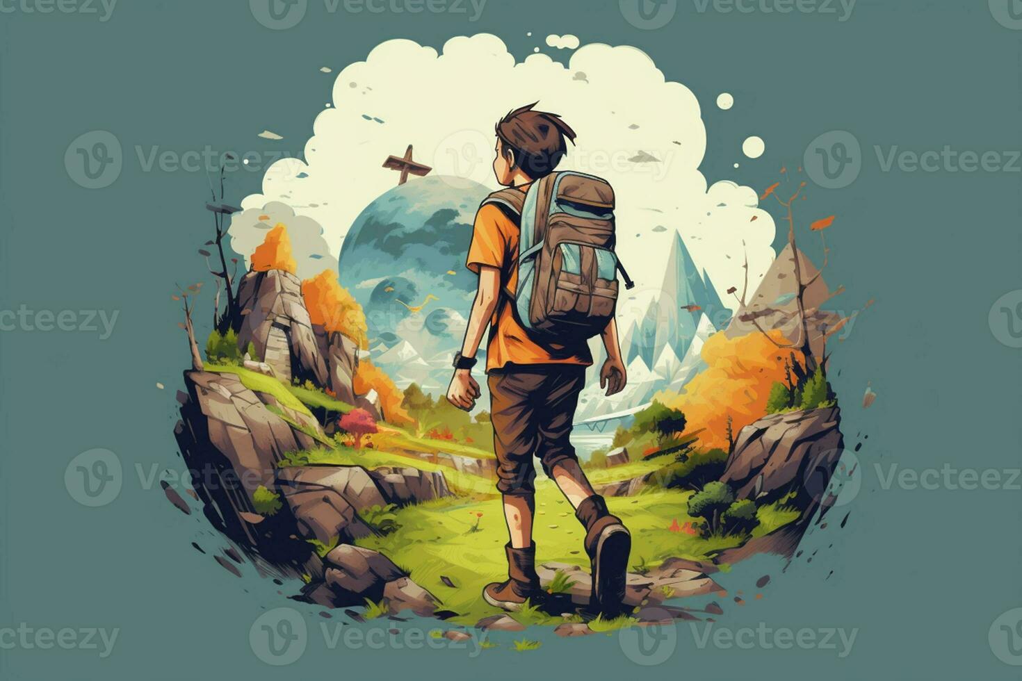 AI generated illustration of a male adventurer carrying a backpack on his back, AI generated. photo