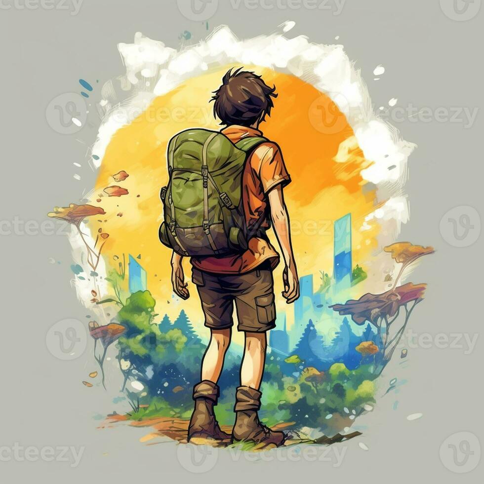 AI generated illustration of a male adventurer carrying a backpack on his back, AI generated. photo