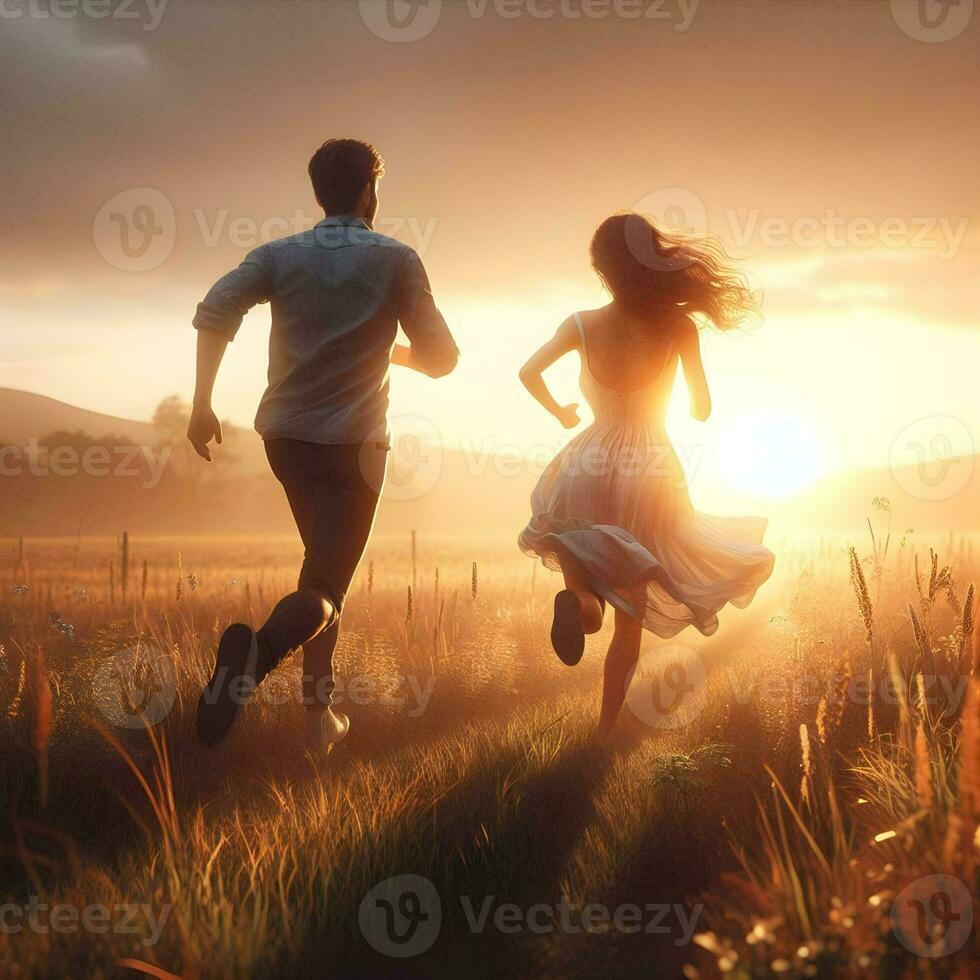 AI generated A couple running in a meadow at sunset, AI generated photo