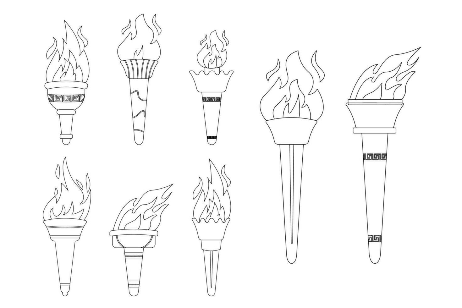 Set of outline Olympus torch with fire vector