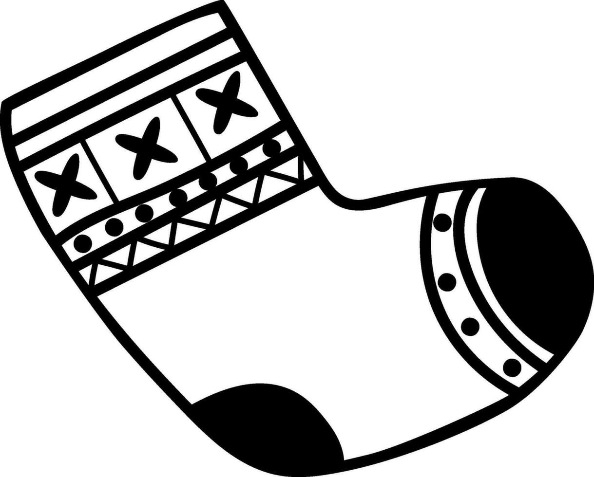 christmas socks in black and white doodle style isolated on white, vector, single vector