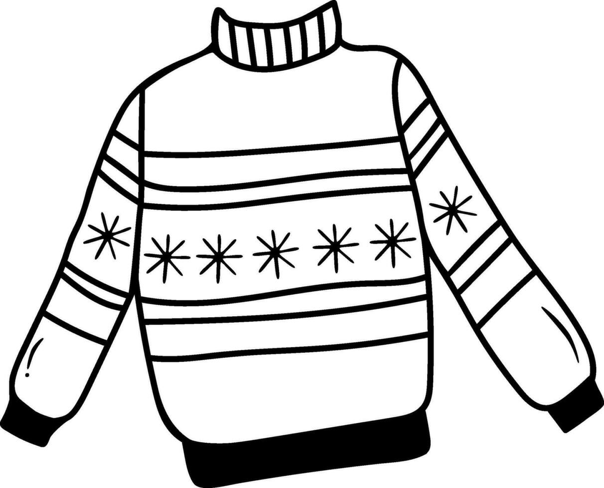 Single doodle christmas sweater with snowflakes print in black and white colors. Isolated on white. vector