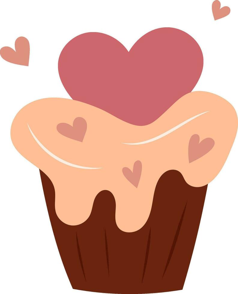 Hand draw cupcake with hearts isolated on white background.Peach Fuzz, brown and pink colors. vector