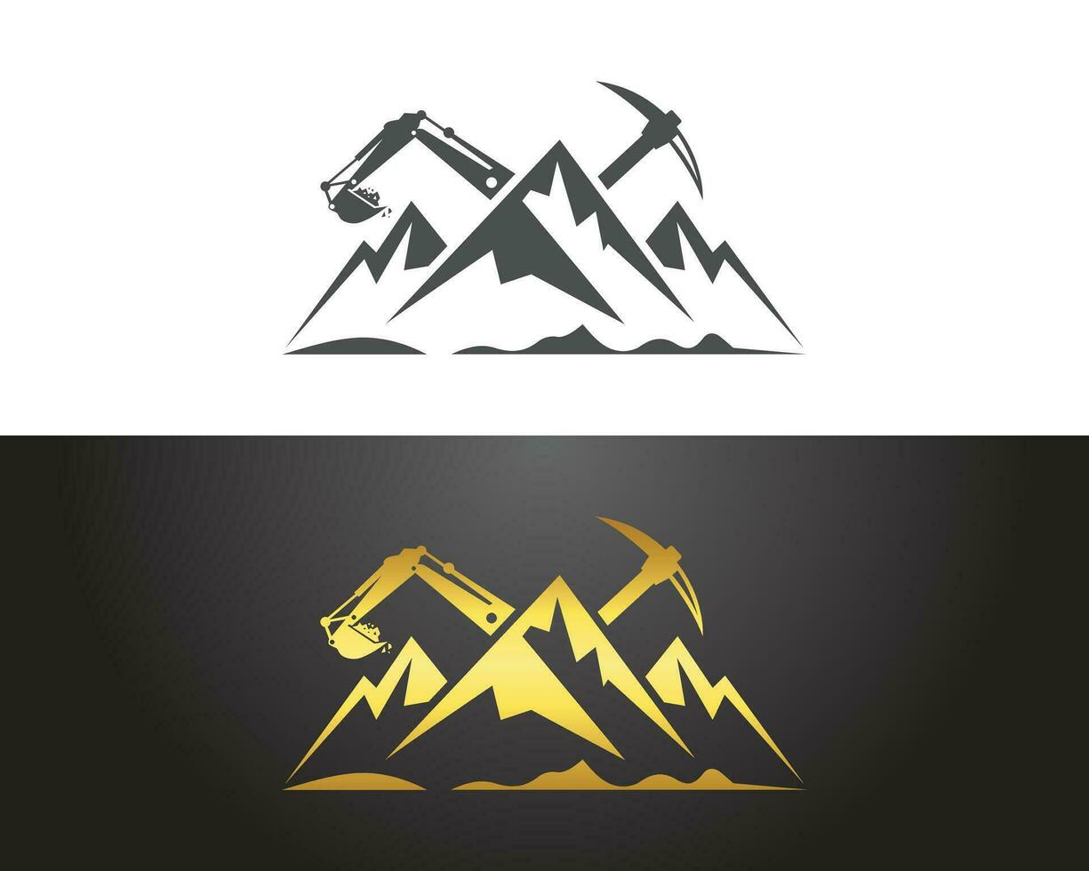 Mountain mining industry with Excavator logo design vector template.