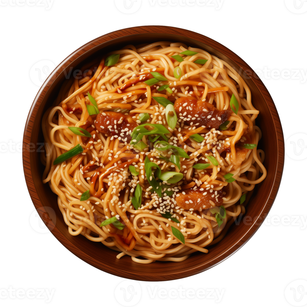 AI generated a bowl of Chinese noodles isolated on a transparent background, top view png
