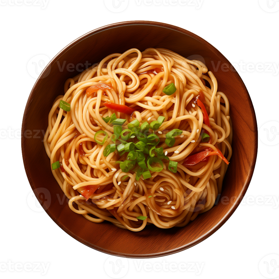 AI generated a bowl of Chinese noodles isolated on a transparent background, top view png