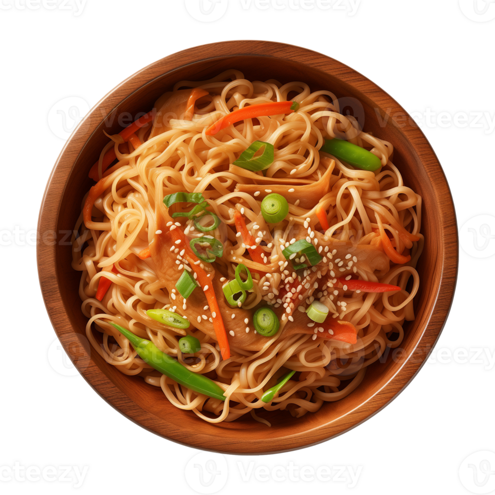 AI generated a bowl of Chinese noodles isolated on a transparent background, top view png