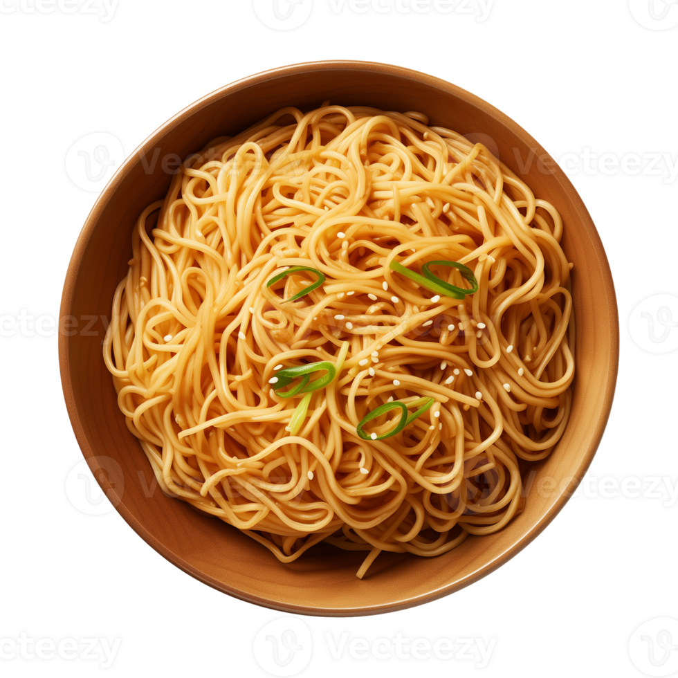 AI generated a bowl of Chinese noodles isolated on a transparent background, top view png