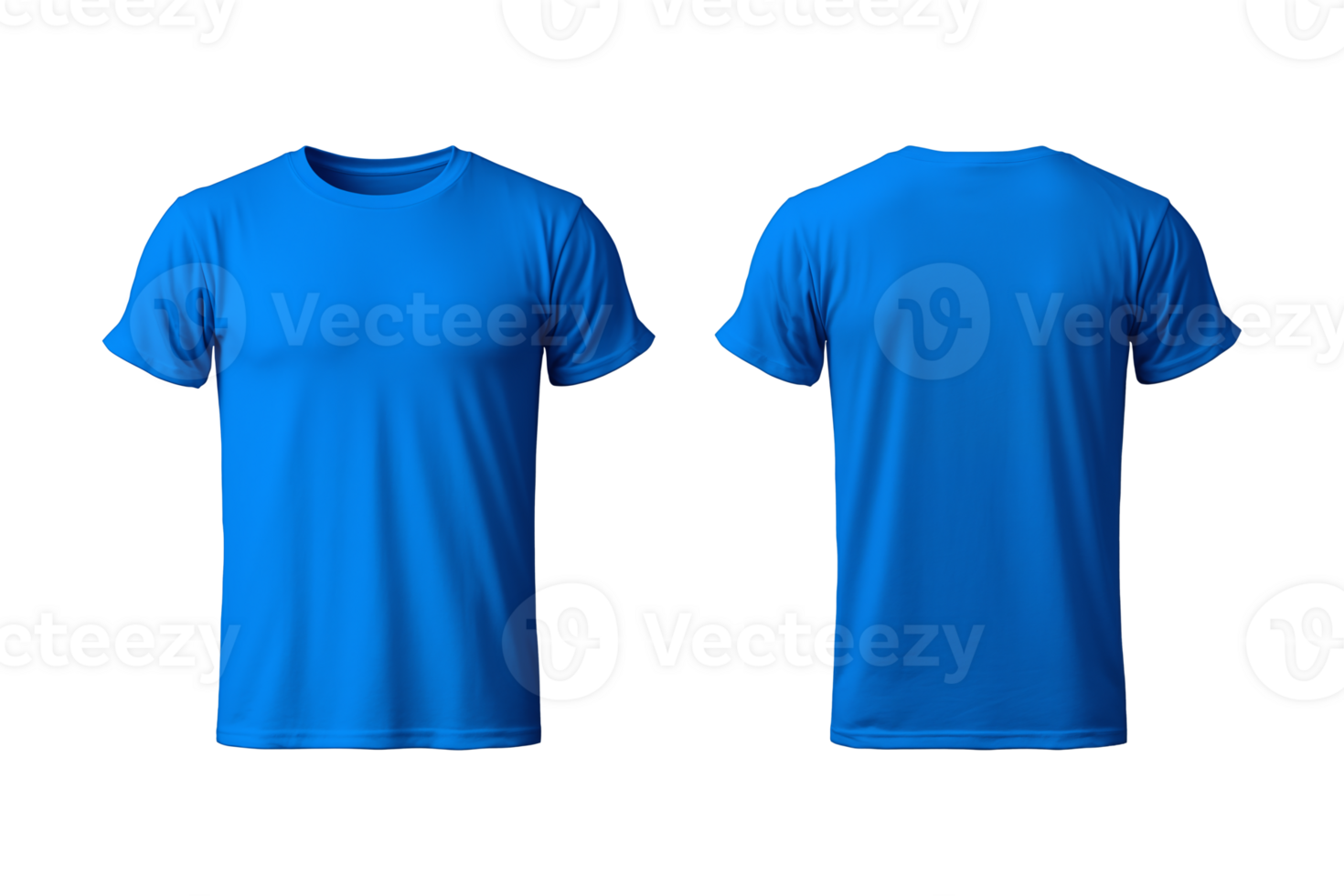 AI generated realistic set of male blue t-shirts mockup front and back view isolated on a transparent background, cut out png