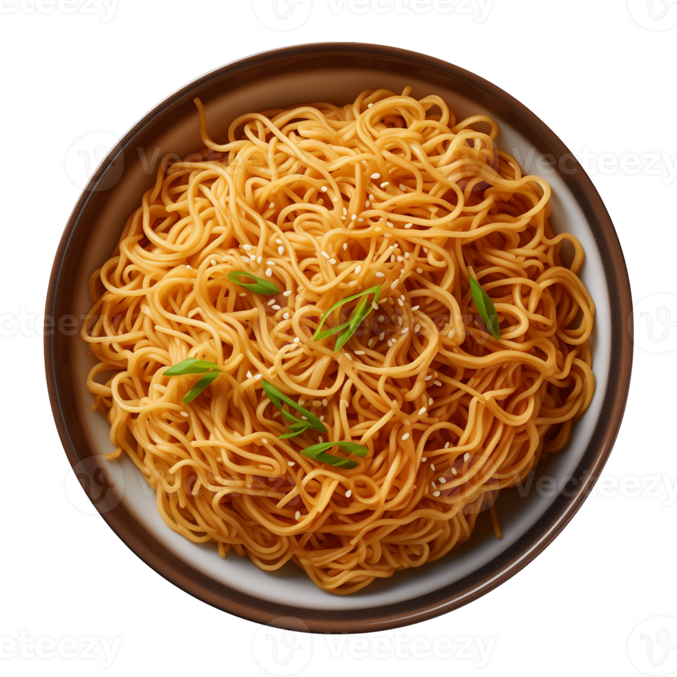AI generated a bowl of Chinese noodles isolated on a transparent background, top view png