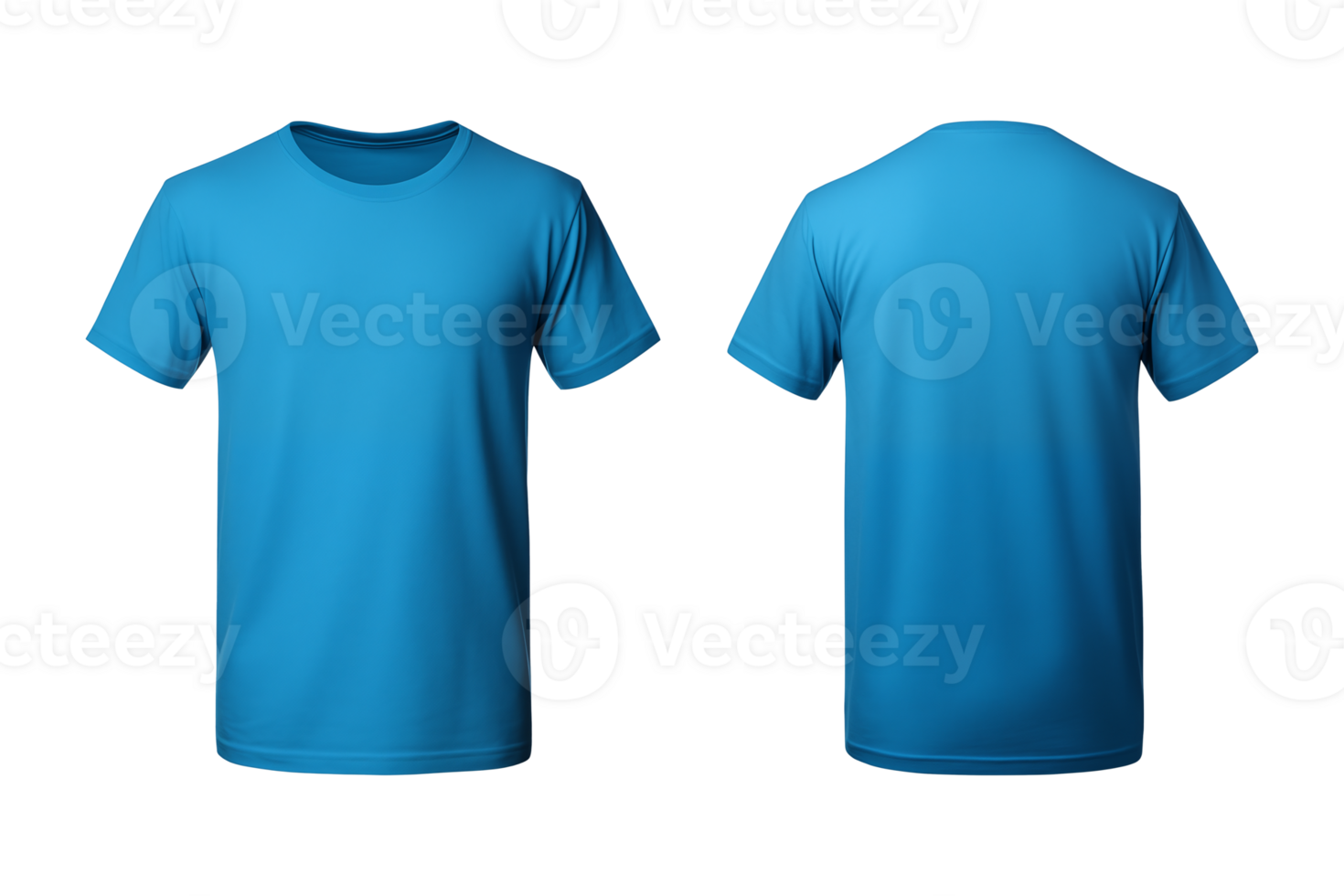 AI generated realistic set of male blue t-shirts mockup front and back view isolated on a transparent background, cut out png