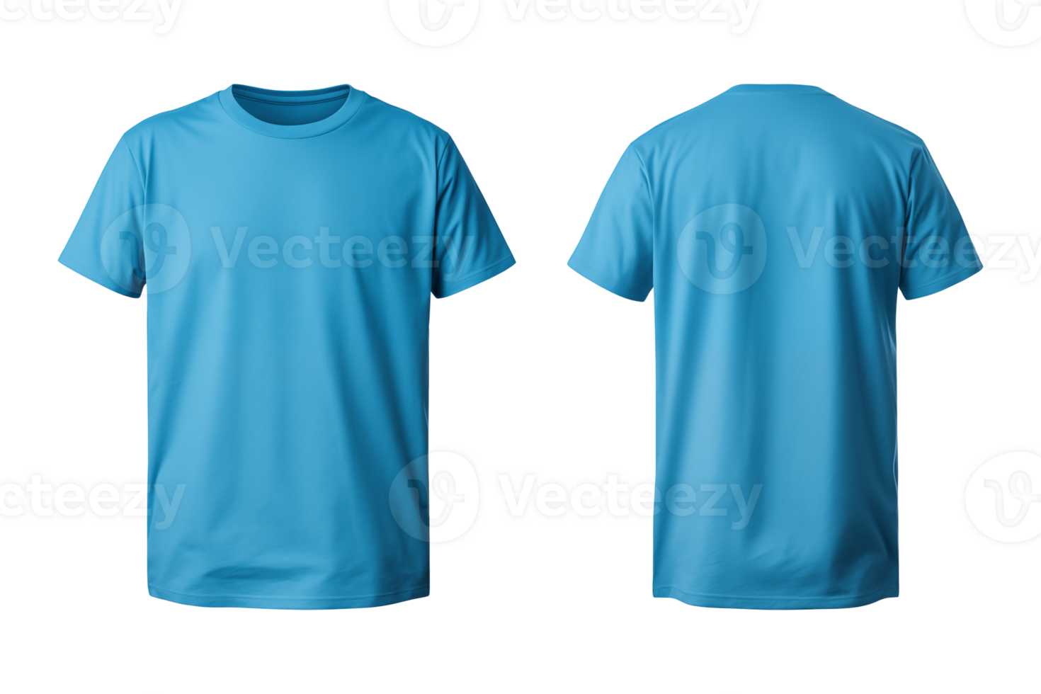 AI generated realistic set of male blue t-shirts mockup front and back view isolated on a transparent background, cut out png