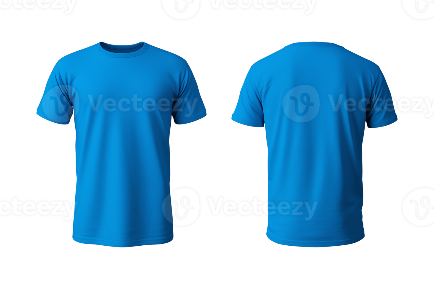 AI generated realistic set of male blue t-shirts mockup front and back view isolated on a transparent background, cut out png