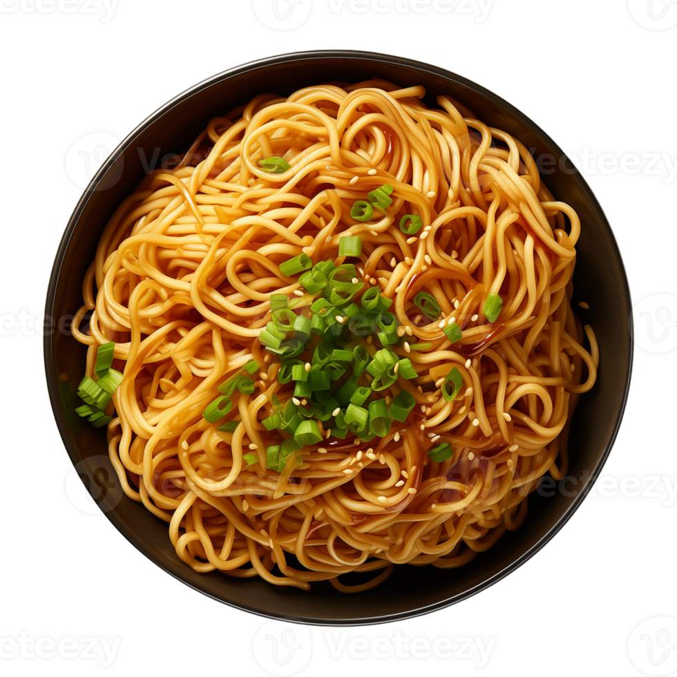 AI generated a bowl of Chinese noodles isolated on a transparent background, top view png
