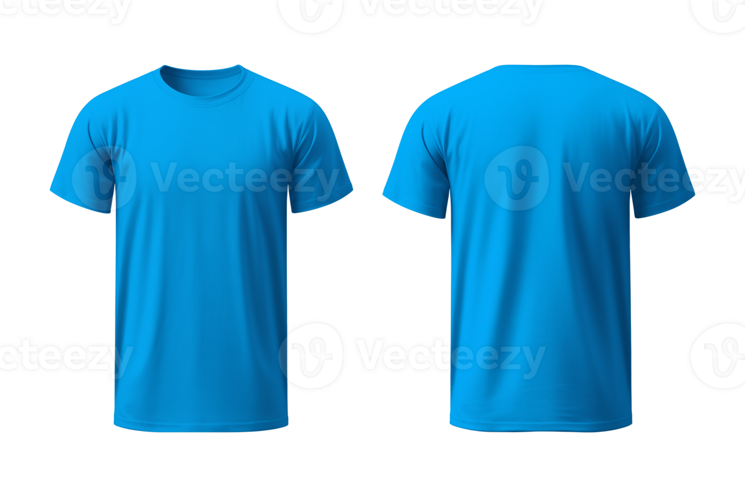 AI generated realistic set of male blue t-shirts mockup front and back view isolated on a transparent background, cut out png