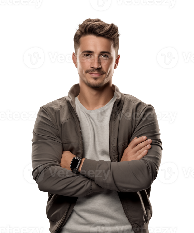 AI generated a young man standing with arms crossed facing the camera isolated on a transparent background png