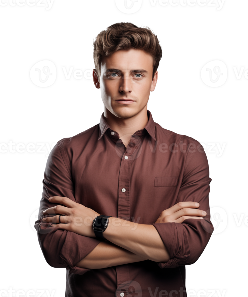AI generated a young man standing with arms crossed facing the camera isolated on a transparent background png
