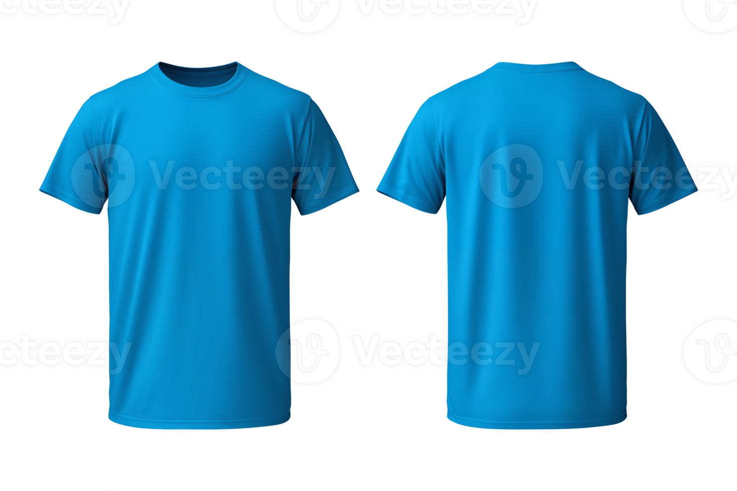 AI generated realistic set of male blue t-shirts mockup front and back view isolated on a transparent background, cut out png